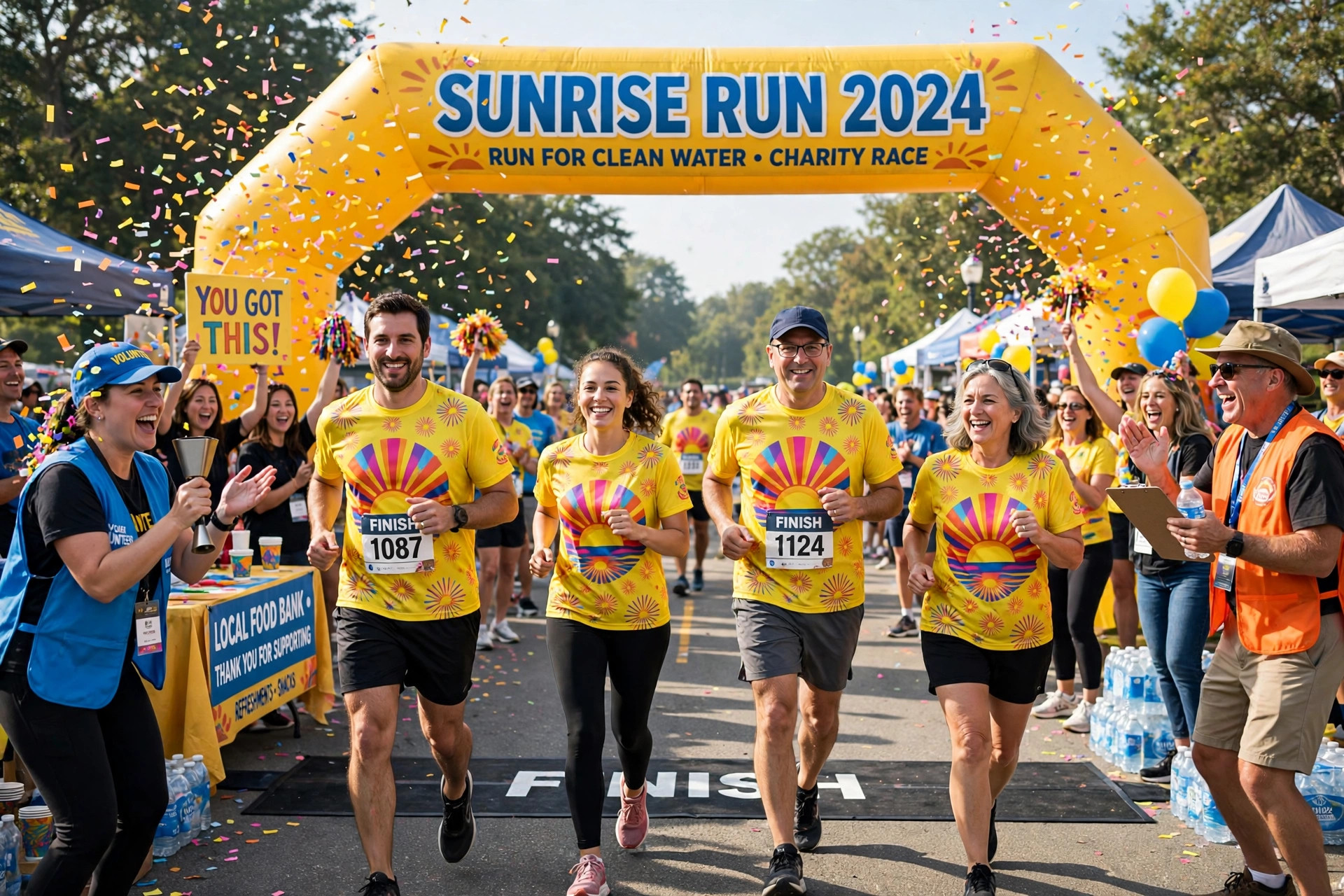 Participants at an outdoor race event wearing matching custom sublimated event shirts